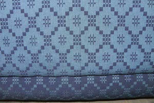 This is a traditional Twill Block coverlet in cotton and wool fearing medium indigo blue and dark indigo blue. It is reversible.